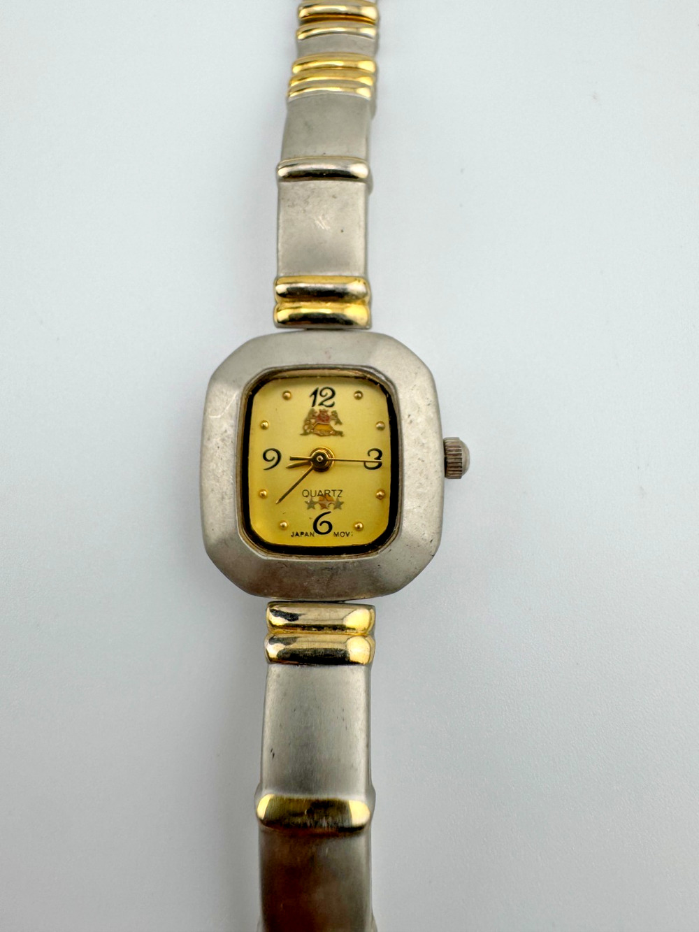 Two Tone Quartz Watch Crest Logo Dial Cushion Case Link Bracelet Japan Movt